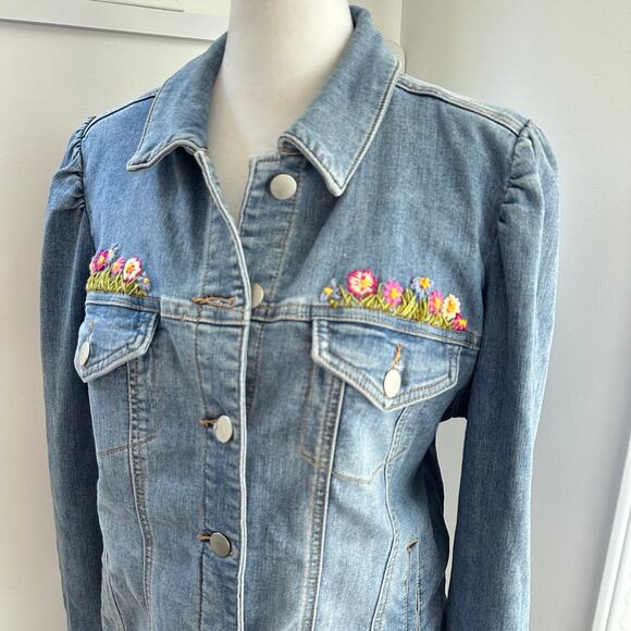 Boston Proper Medium Denim Blue Jean Jacket Floral Embroidered Cotton Stretch - Picture 2 of 7